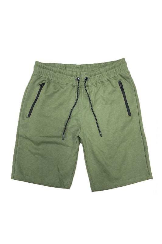 Cotton blend lounge sweat shorts with elastic waist and zipper pockets.